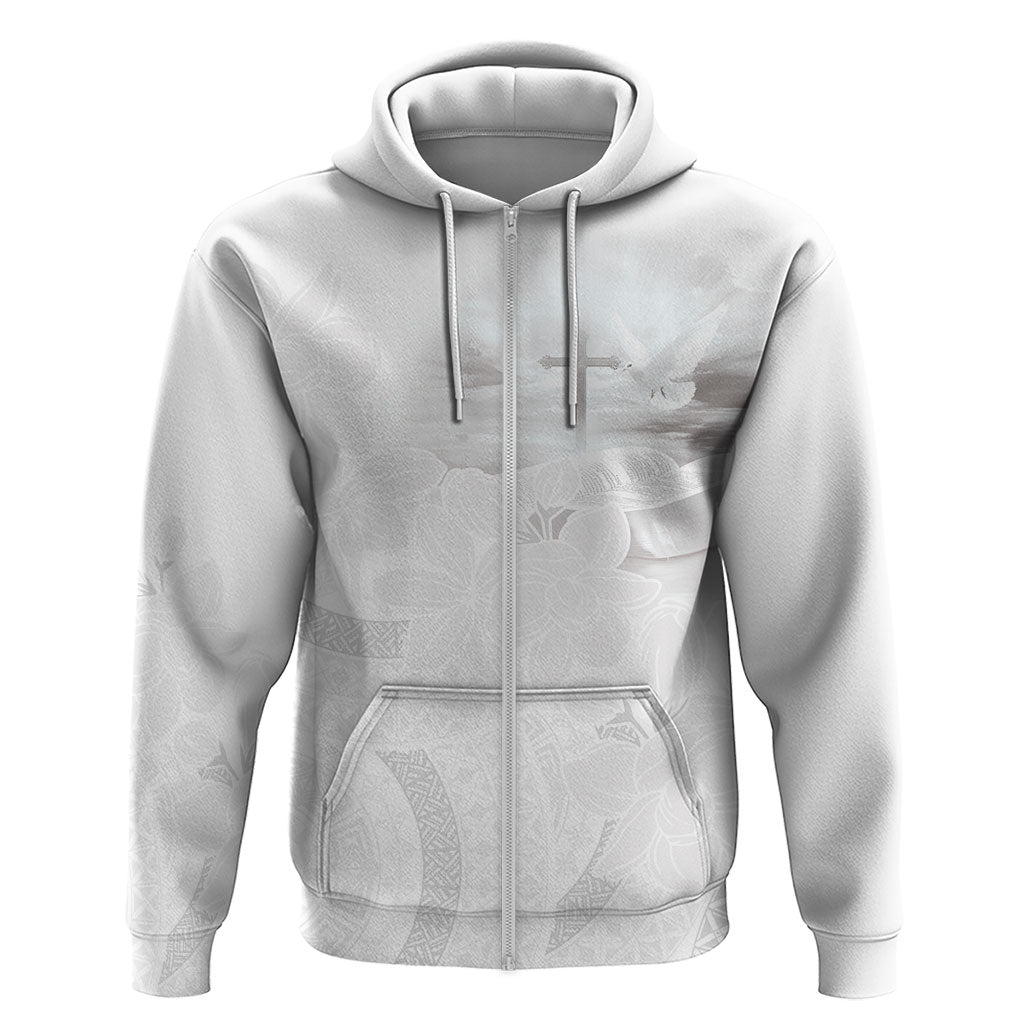 Niue White Sunday Tapu Fanau Hoodie Fiti Pua Mix Hiapo Tapa LT7 Zip Hoodie White - Polynesian Pride