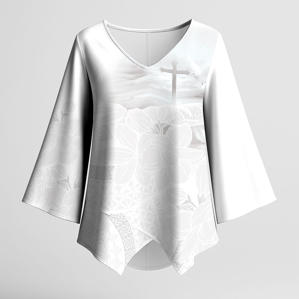 Niue White Sunday Tapu Fanau Kimono Sleeve Blouse Fiti Pua Mix Hiapo Tapa LT7 Female White - Polynesian Pride