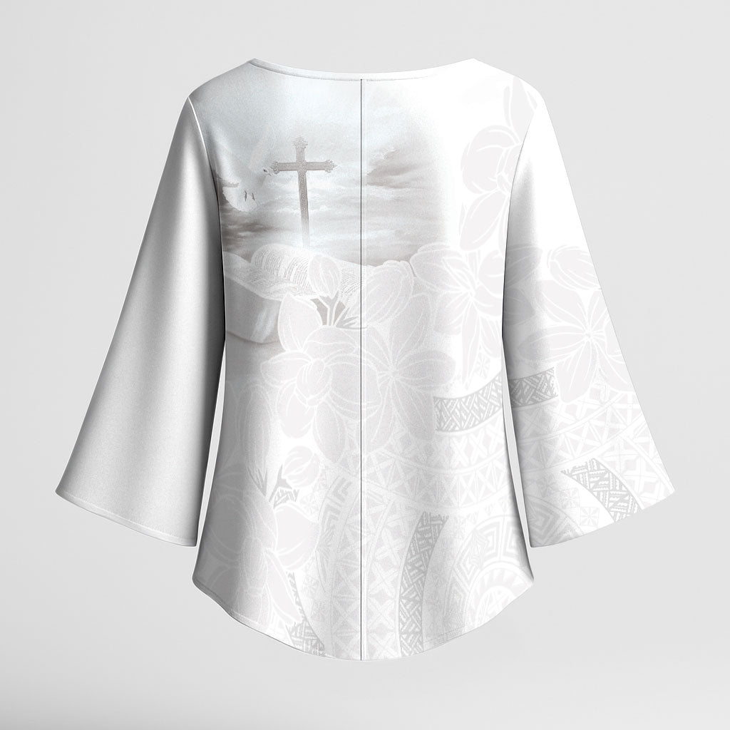 Niue White Sunday Tapu Fanau Kimono Sleeve Blouse Fiti Pua Mix Hiapo Tapa LT7 - Polynesian Pride