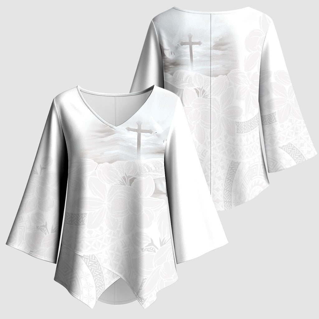 Niue White Sunday Tapu Fanau Kimono Sleeve Blouse Fiti Pua Mix Hiapo Tapa LT7 - Polynesian Pride