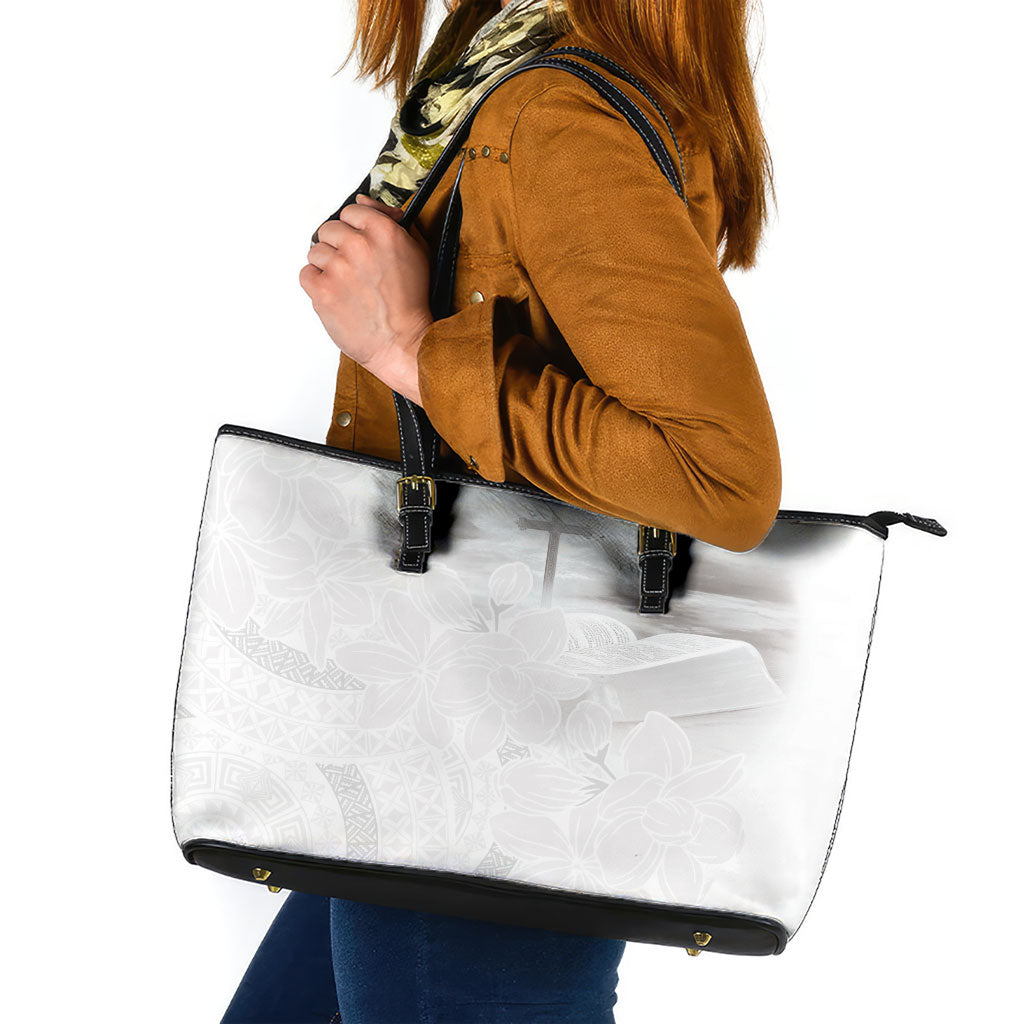 Niue White Sunday Tapu Fanau Leather Tote Bag Fiti Pua Mix Hiapo Tapa
