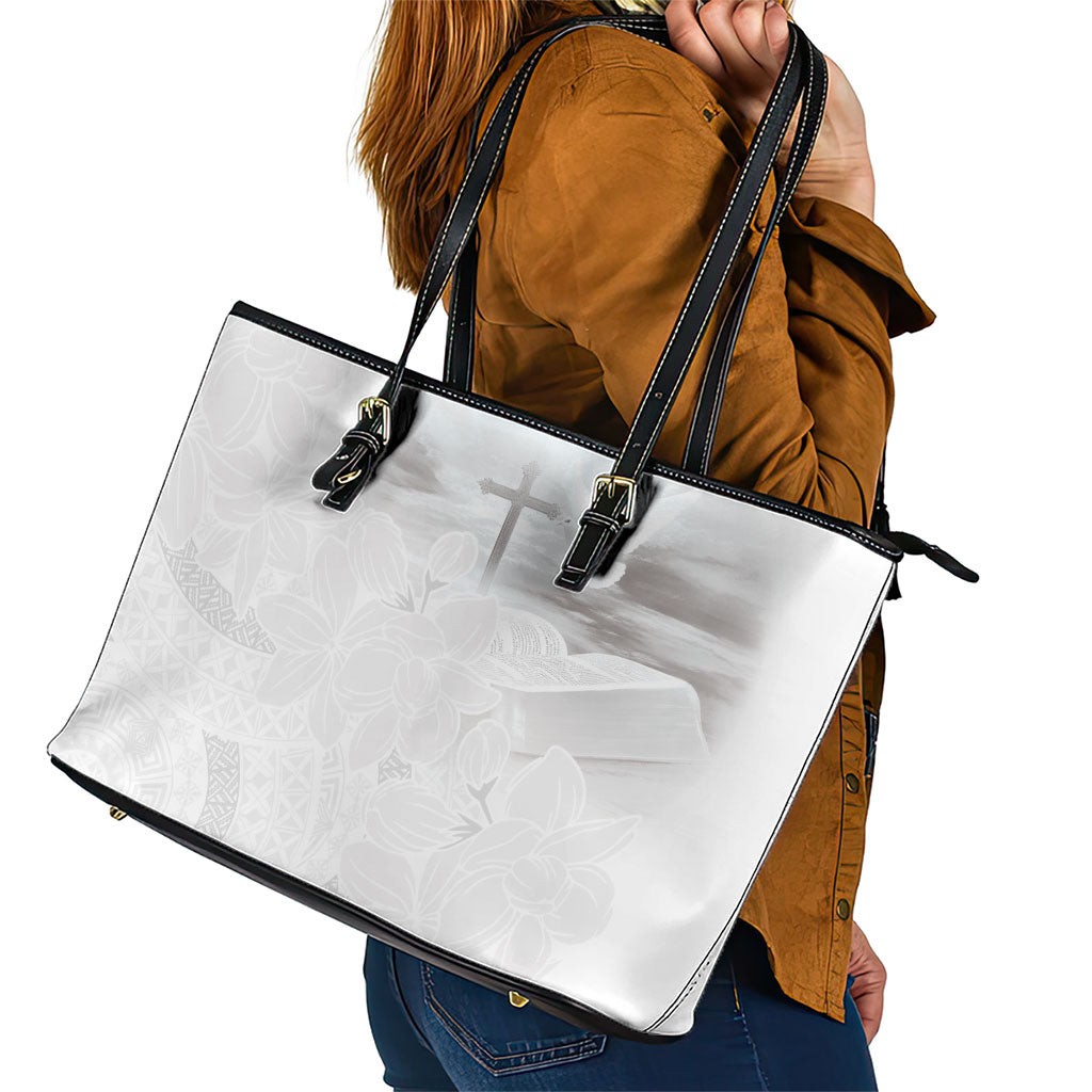 Niue White Sunday Tapu Fanau Leather Tote Bag Fiti Pua Mix Hiapo Tapa