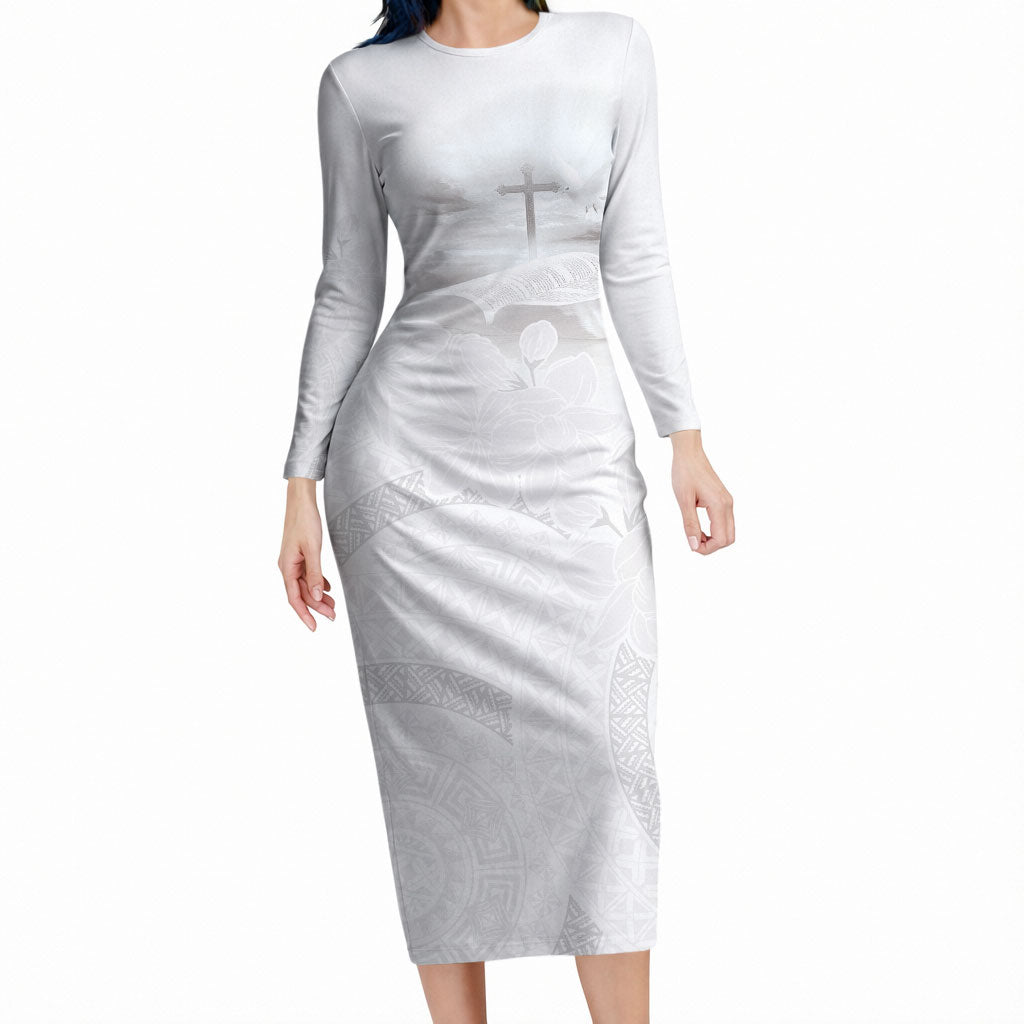 Niue White Sunday Tapu Fanau Long Sleeve Bodycon Dress Fiti Pua Mix Hiapo Tapa LT7 Long Dress White - Polynesian Pride