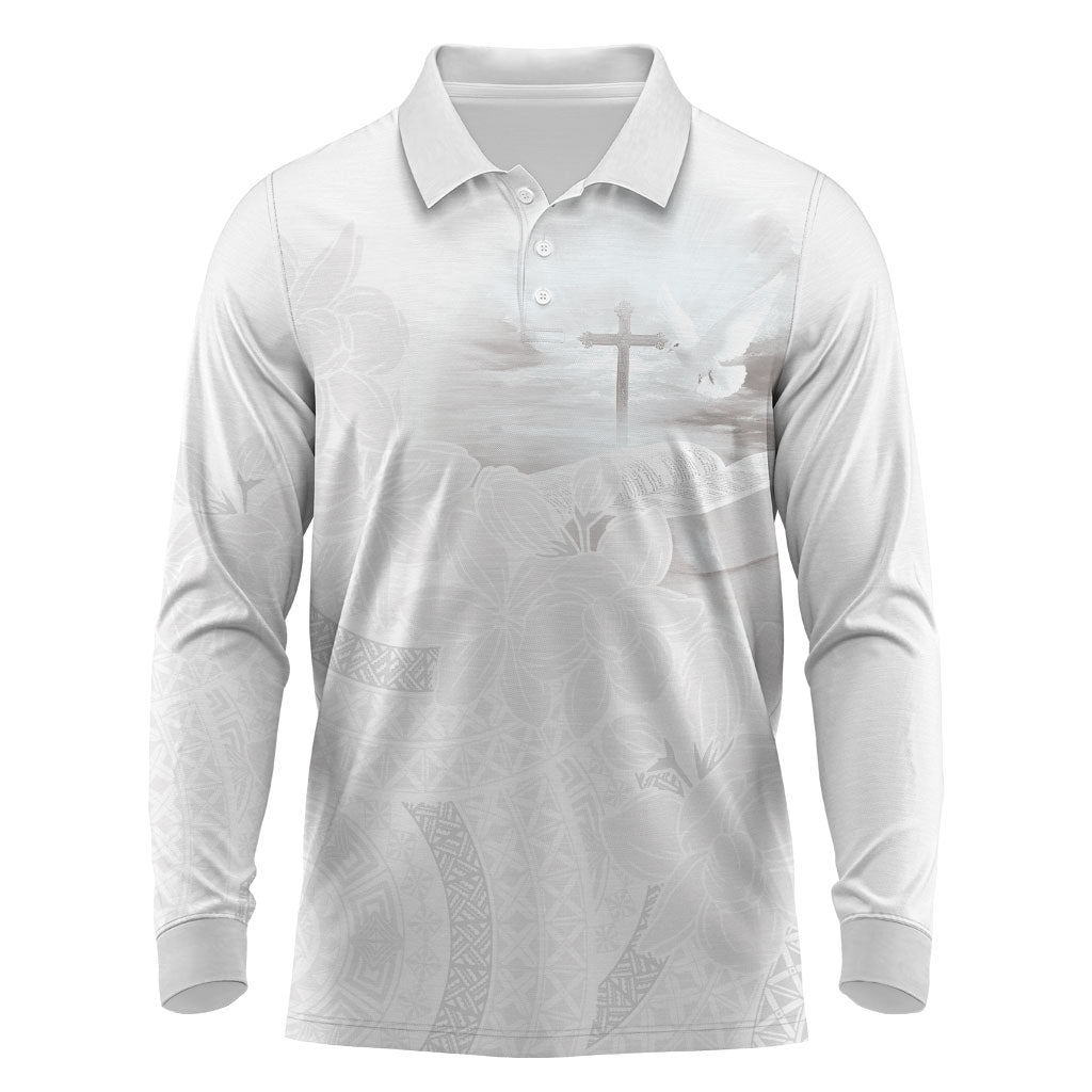 Niue White Sunday Tapu Fanau Long Sleeve Polo Shirt Fiti Pua Mix Hiapo Tapa LT7 White - Polynesian Pride
