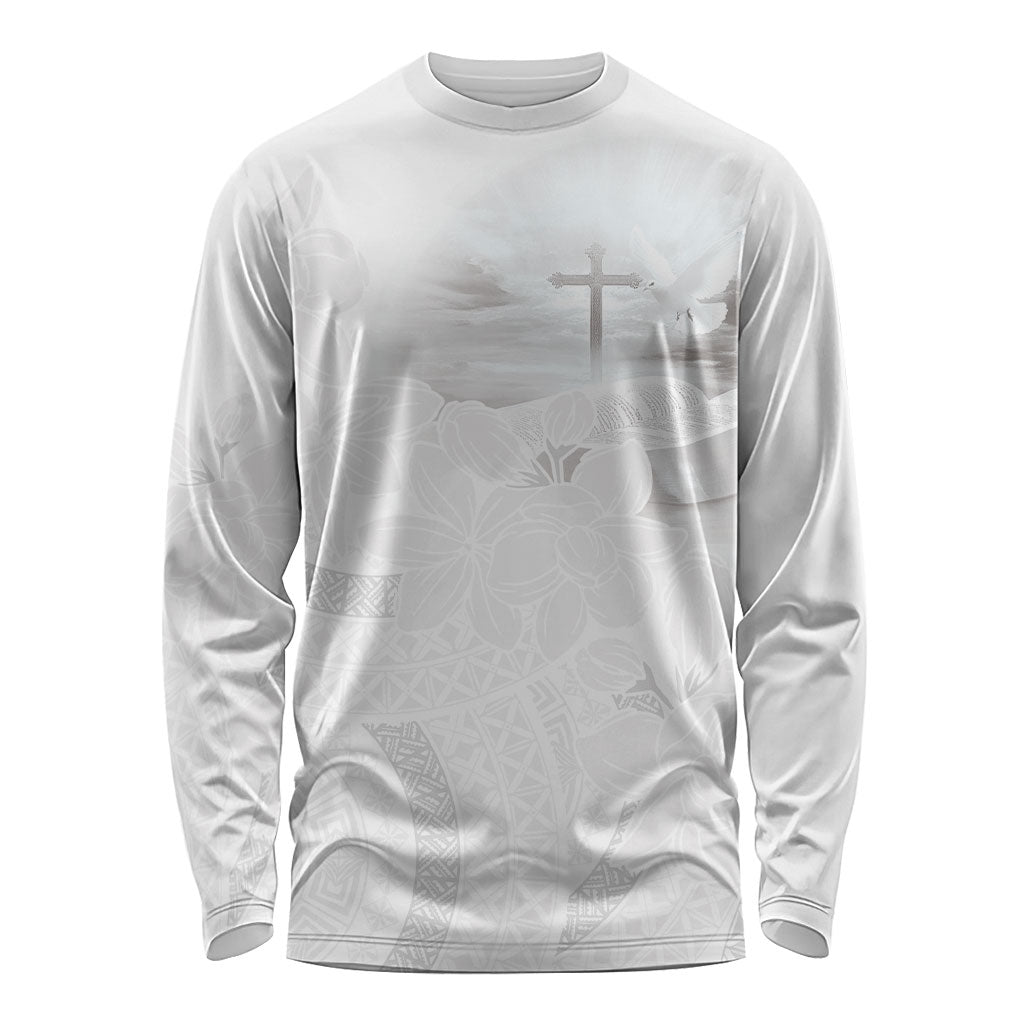Niue White Sunday Tapu Fanau Long Sleeve Shirt Fiti Pua Mix Hiapo Tapa LT7 Unisex White - Polynesian Pride