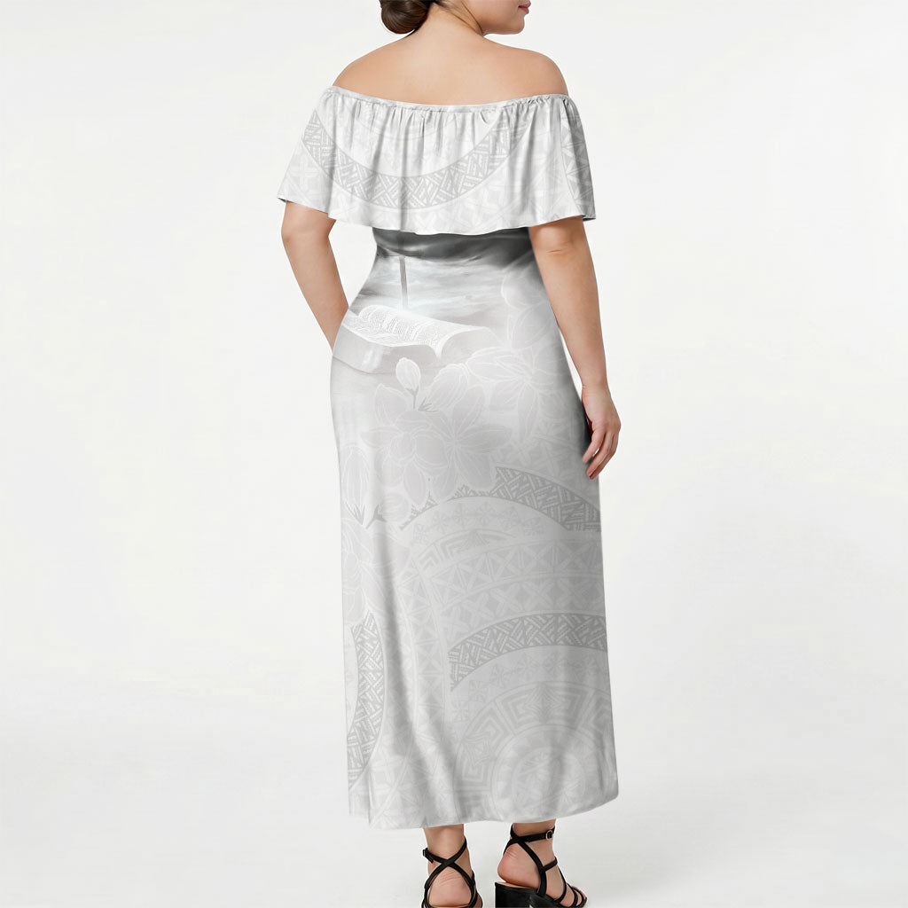 Niue White Sunday Tapu Fanau Off Shoulder Maxi Dress Fiti Pua Mix Hiapo Tapa LT7 - Polynesian Pride