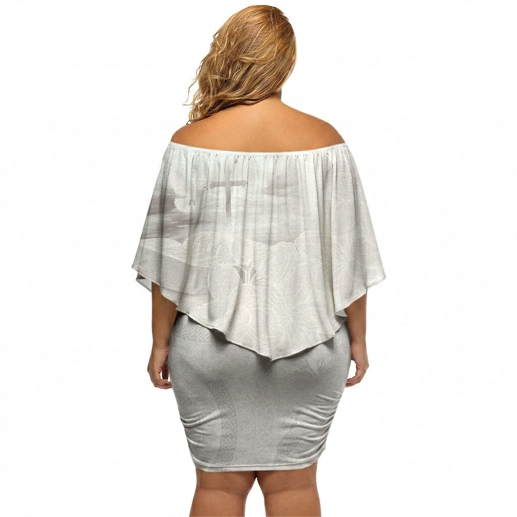 Niue White Sunday Tapu Fanau Off Shoulder Short Dress Fiti Pua Mix Hiapo Tapa LT7 - Polynesian Pride
