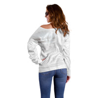 Niue White Sunday Tapu Fanau Off Shoulder Sweater Fiti Pua Mix Hiapo Tapa LT7 - Polynesian Pride