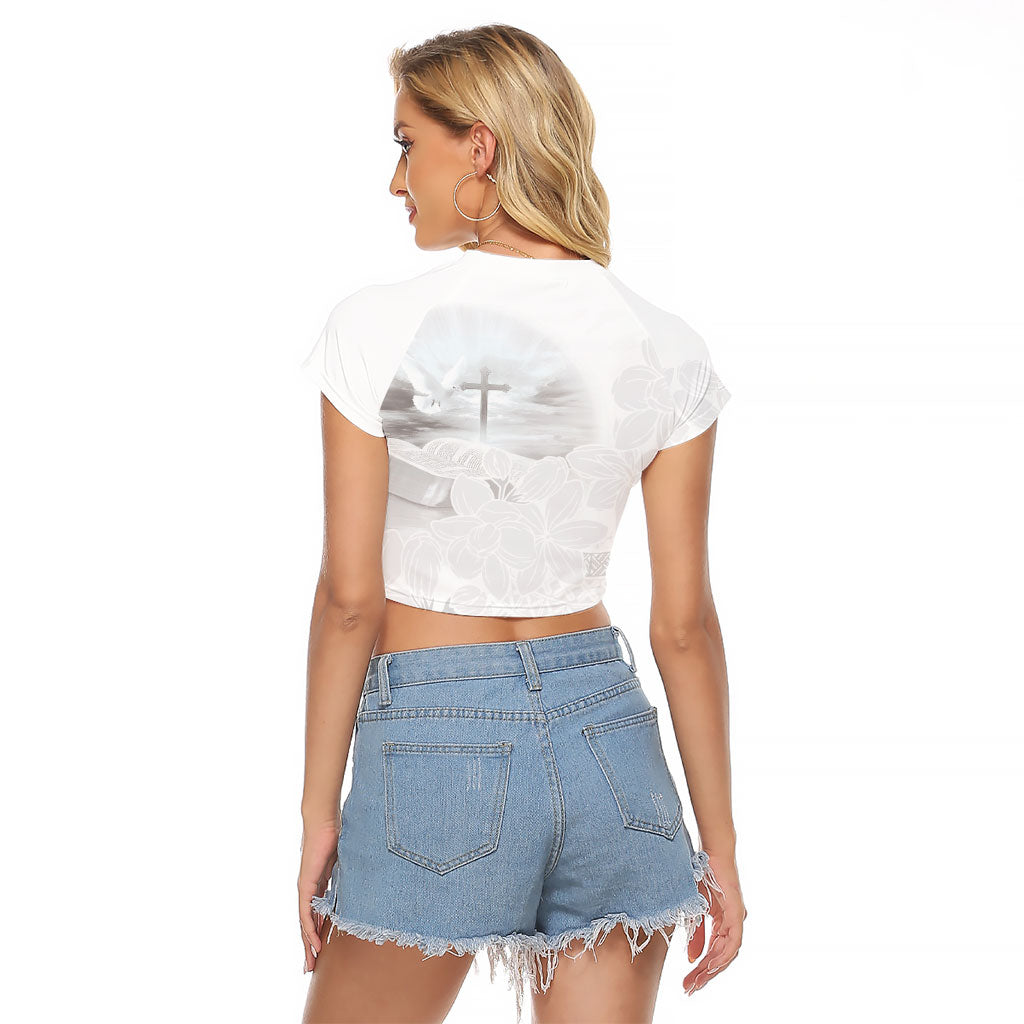 Niue White Sunday Tapu Fanau Raglan Cropped T Shirt Fiti Pua Mix Hiapo Tapa LT7 - Polynesian Pride