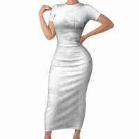 Niue White Sunday Tapu Fanau Short Sleeve Bodycon Dress Fiti Pua Mix Hiapo Tapa LT7 Long Dress White - Polynesian Pride