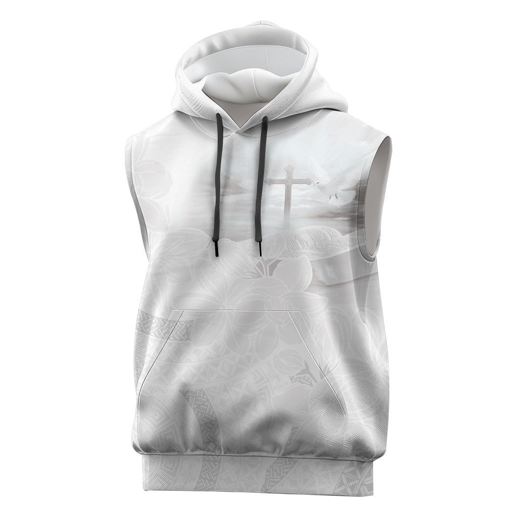 Niue White Sunday Tapu Fanau Sleeveless Hoodie Fiti Pua Mix Hiapo Tapa LT7 White - Polynesian Pride