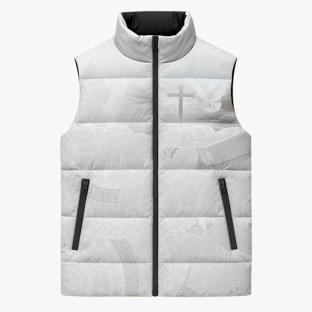 Niue White Sunday Tapu Fanau Sleeveless Puffer Jacket Fiti Pua Mix Hiapo Tapa LT7 Unisex White - Polynesian Pride