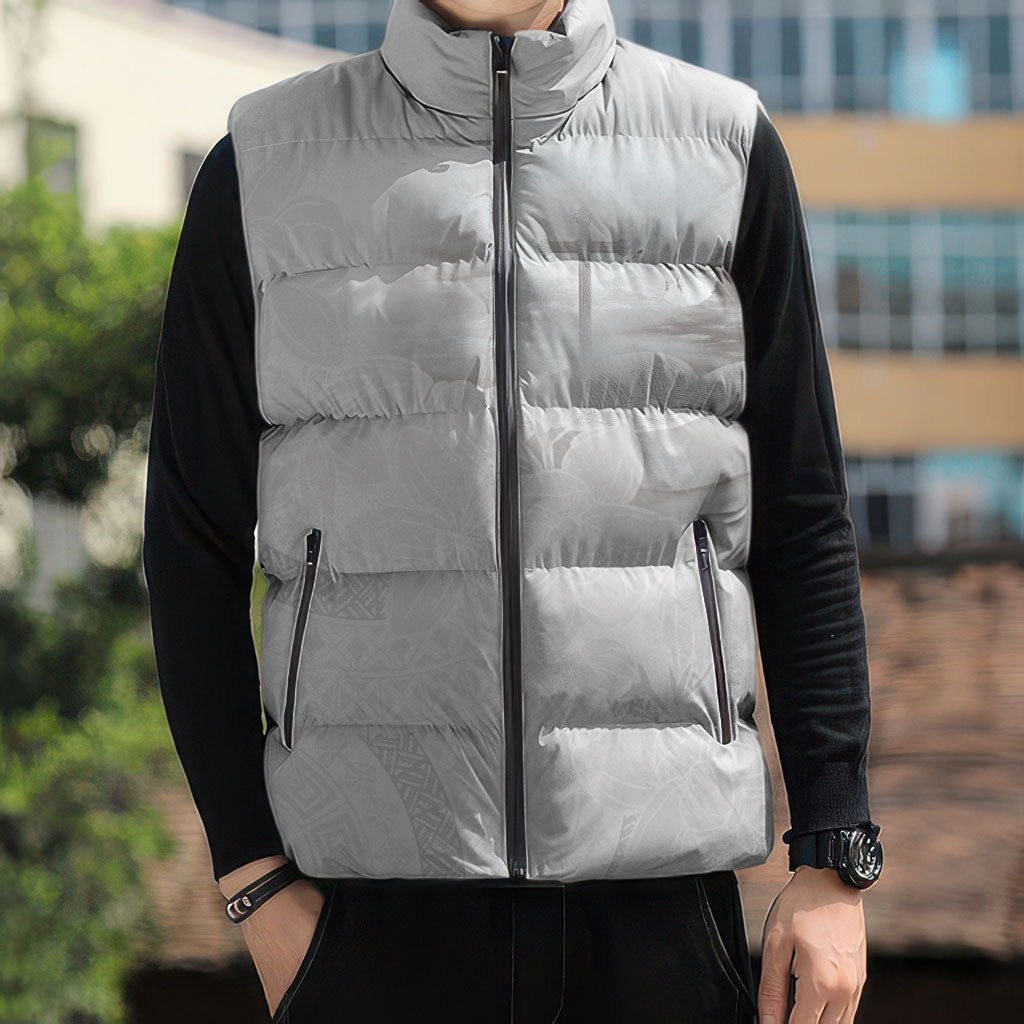 Niue White Sunday Tapu Fanau Sleeveless Puffer Jacket Fiti Pua Mix Hiapo Tapa LT7 - Polynesian Pride