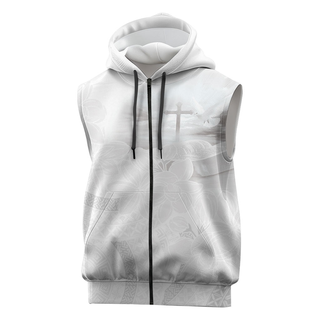 Niue White Sunday Tapu Fanau Sleeveless Zip Hoodie Fiti Pua Mix Hiapo Tapa LT7 White - Polynesian Pride