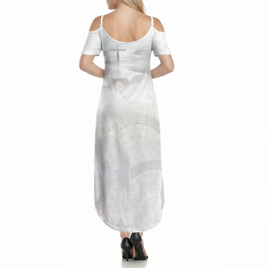 Niue White Sunday Tapu Fanau Summer Maxi Dress Fiti Pua Mix Hiapo Tapa LT7 - Polynesian Pride