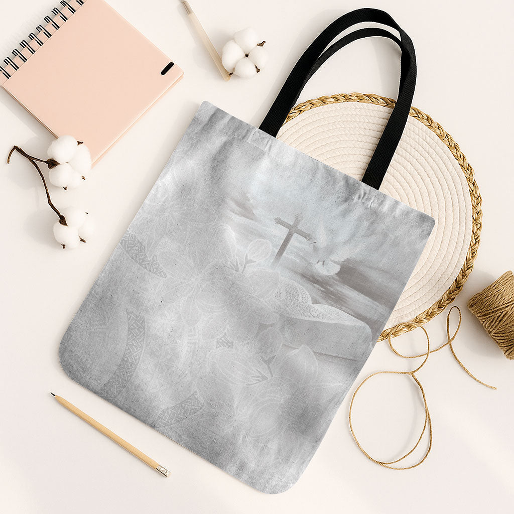 Niue White Sunday Tapu Fanau Tote Bag Fiti Pua Mix Hiapo Tapa LT7 Black Strap One Size White - Polynesian Pride