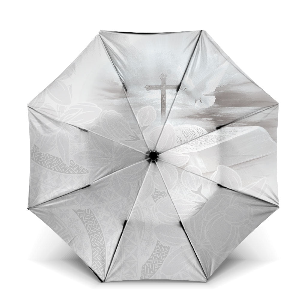 Niue White Sunday Tapu Fanau Umbrella Fiti Pua Mix Hiapo Tapa LT7 One Size Folded 11.42 inch Opened Diameter 37.4 inch White - Polynesian Pride
