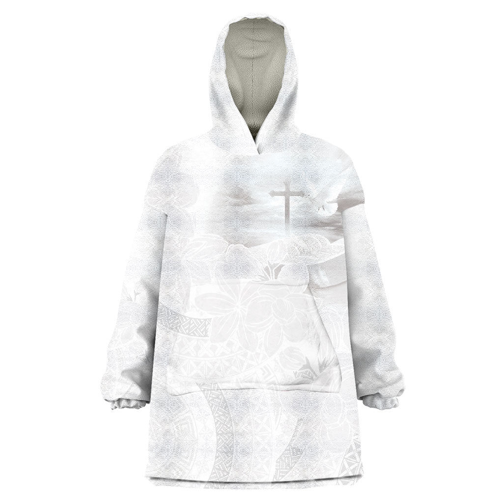 Niue White Sunday Tapu Fanau Wearable Blanket Hoodie Fiti Pua Mix Hiapo Tapa LT7 One Size White - Polynesian Pride