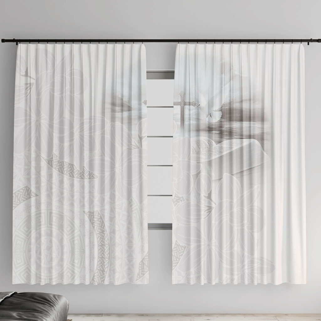 Niue White Sunday Tapu Fanau Window Curtain Fiti Pua Mix Hiapo Tapa LT7 With Hooks White - Polynesian Pride