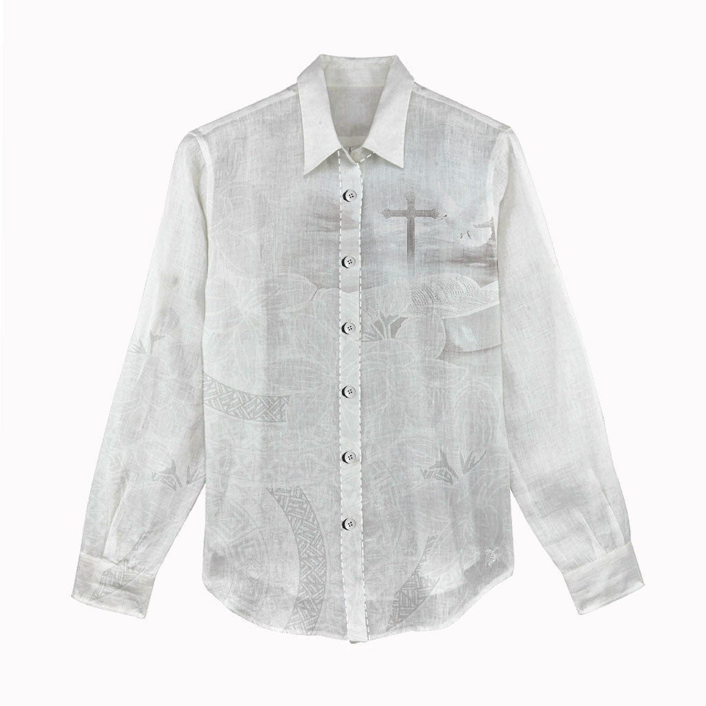 Niue White Sunday Tapu Fanau Women Casual Shirt Fiti Pua Mix Hiapo Tapa LT7 - Polynesian Pride