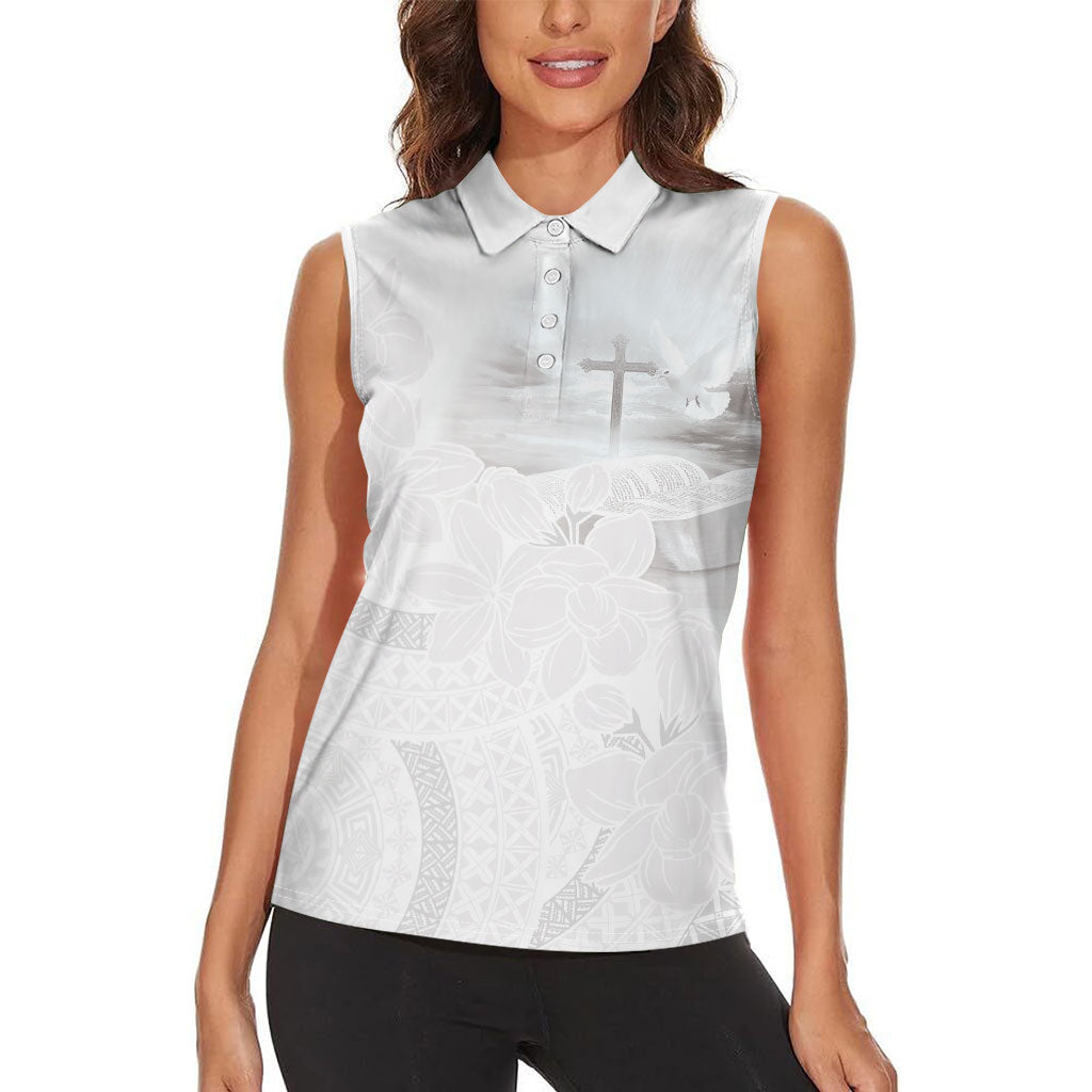 Niue White Sunday Tapu Fanau Women Sleeveless Polo Shirt Fiti Pua Mix Hiapo Tapa LT7 - Polynesian Pride