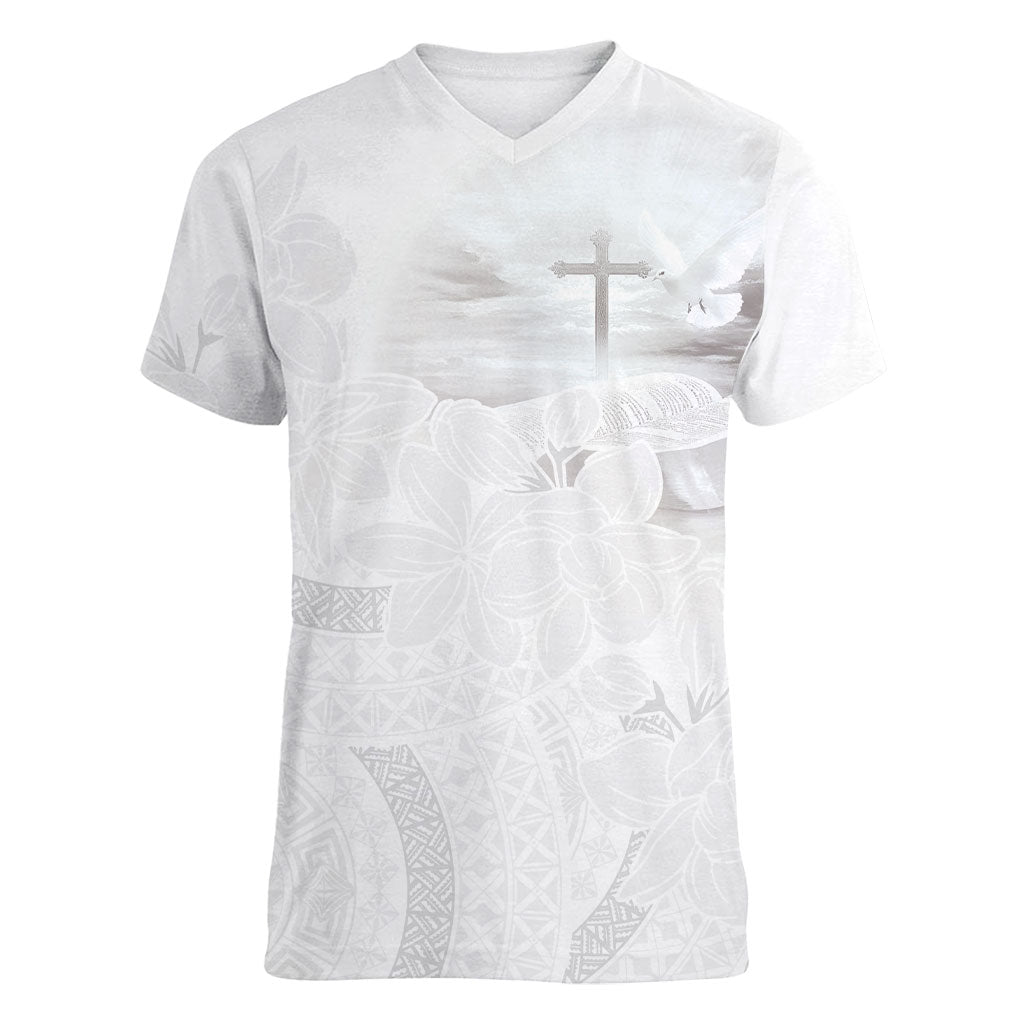 Niue White Sunday Tapu Fanau Women V-Neck T-Shirt Fiti Pua Mix Hiapo Tapa