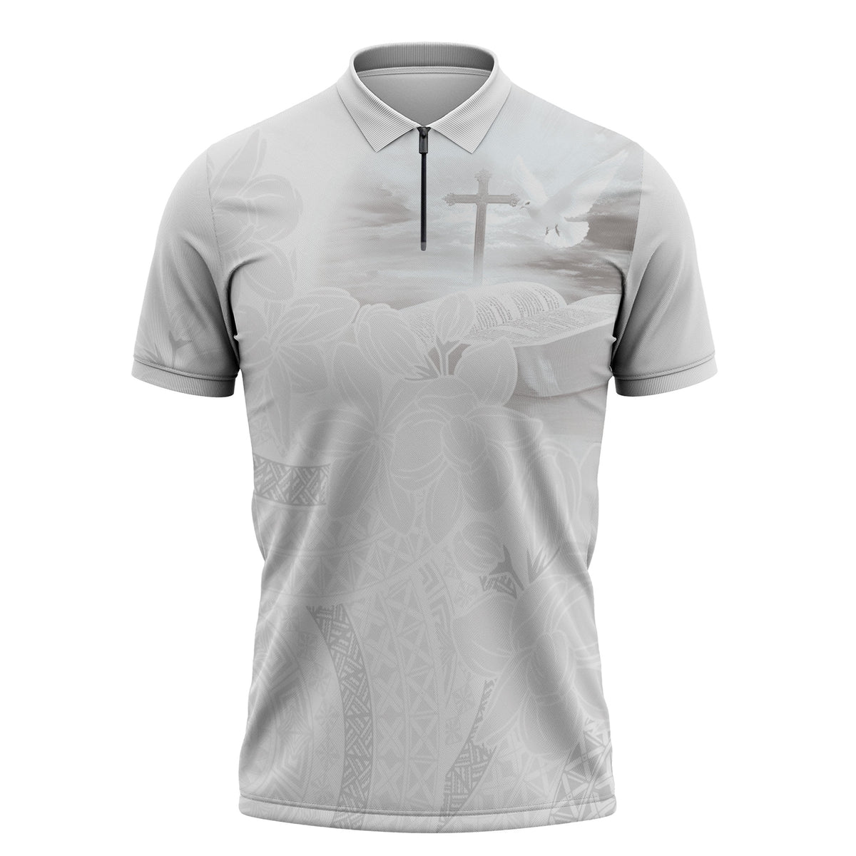 Niue White Sunday Tapu Fanau Zipper Polo Shirt Fiti Pua Mix Hiapo Tapa LT7 White - Polynesian Pride