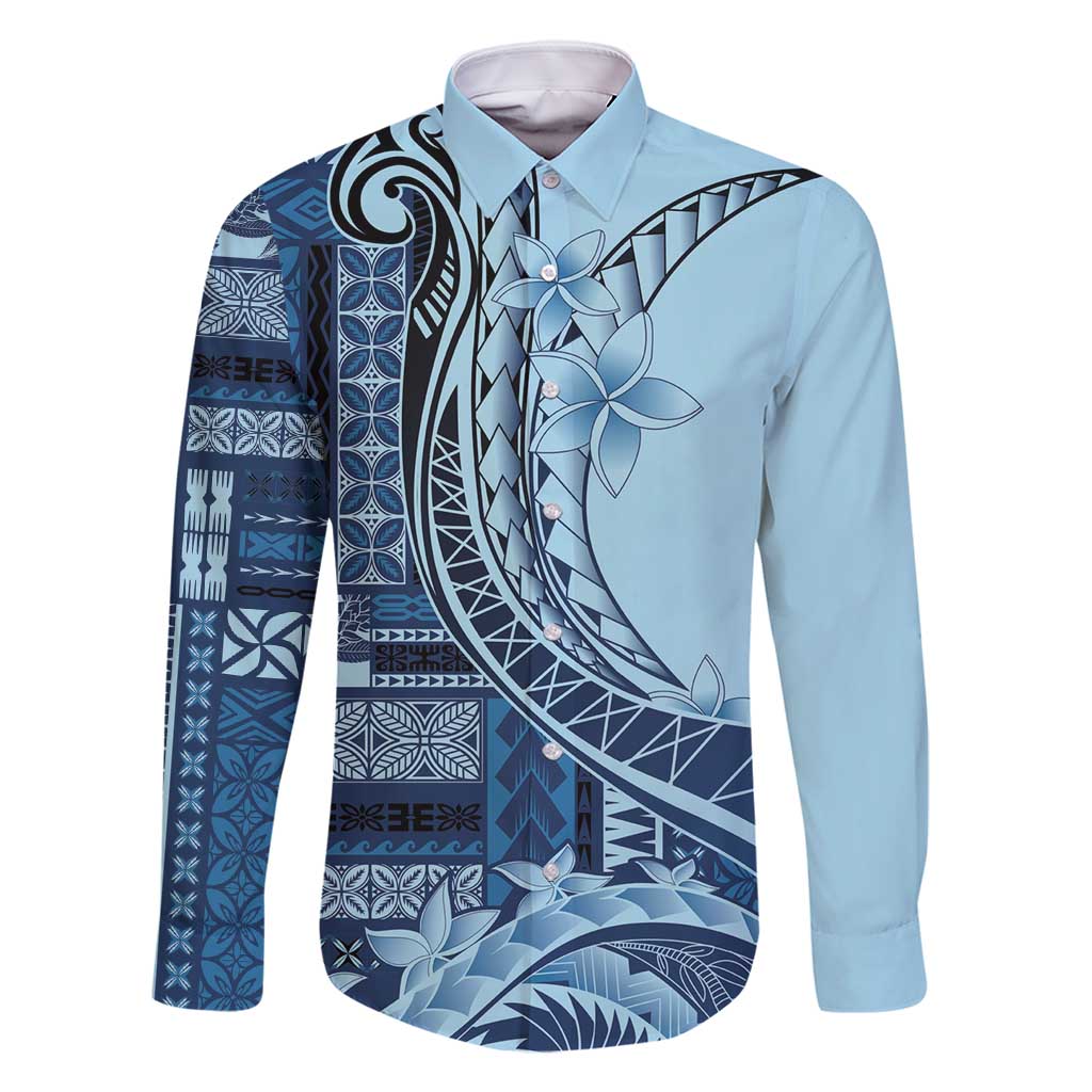 Samoa Siapo Mamanu Family Matching Long Sleeve Bodycon Dress and Hawaiian Shirt Plumeria Navy Blue Motifs LT7 Dad's Shirt - Long Sleeve Blue - Polynesian Pride