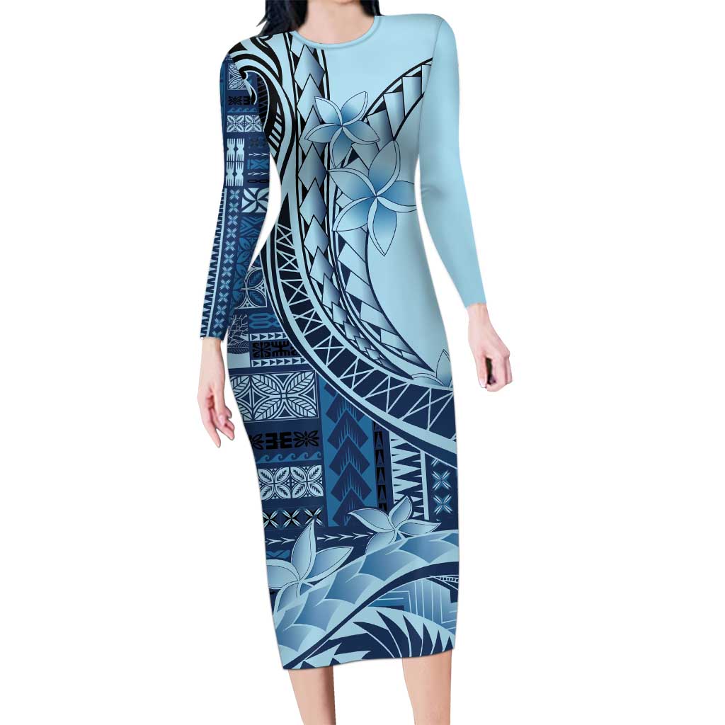 Samoa Siapo Mamanu Family Matching Long Sleeve Bodycon Dress and Hawaiian Shirt Plumeria Navy Blue Motifs LT7 Mom's Dress Blue - Polynesian Pride