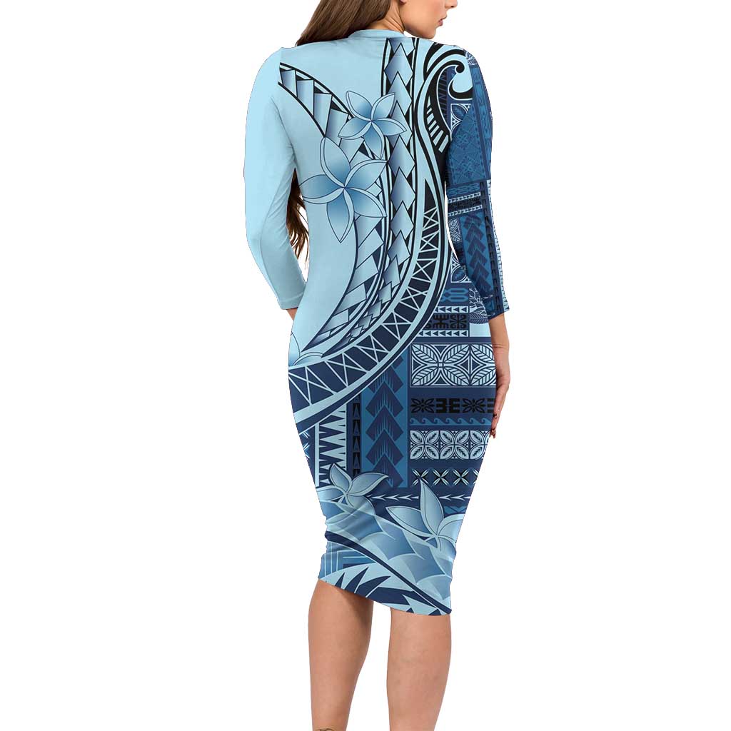 Samoa Siapo Mamanu Family Matching Long Sleeve Bodycon Dress and Hawaiian Shirt Plumeria Navy Blue Motifs LT7 - Polynesian Pride