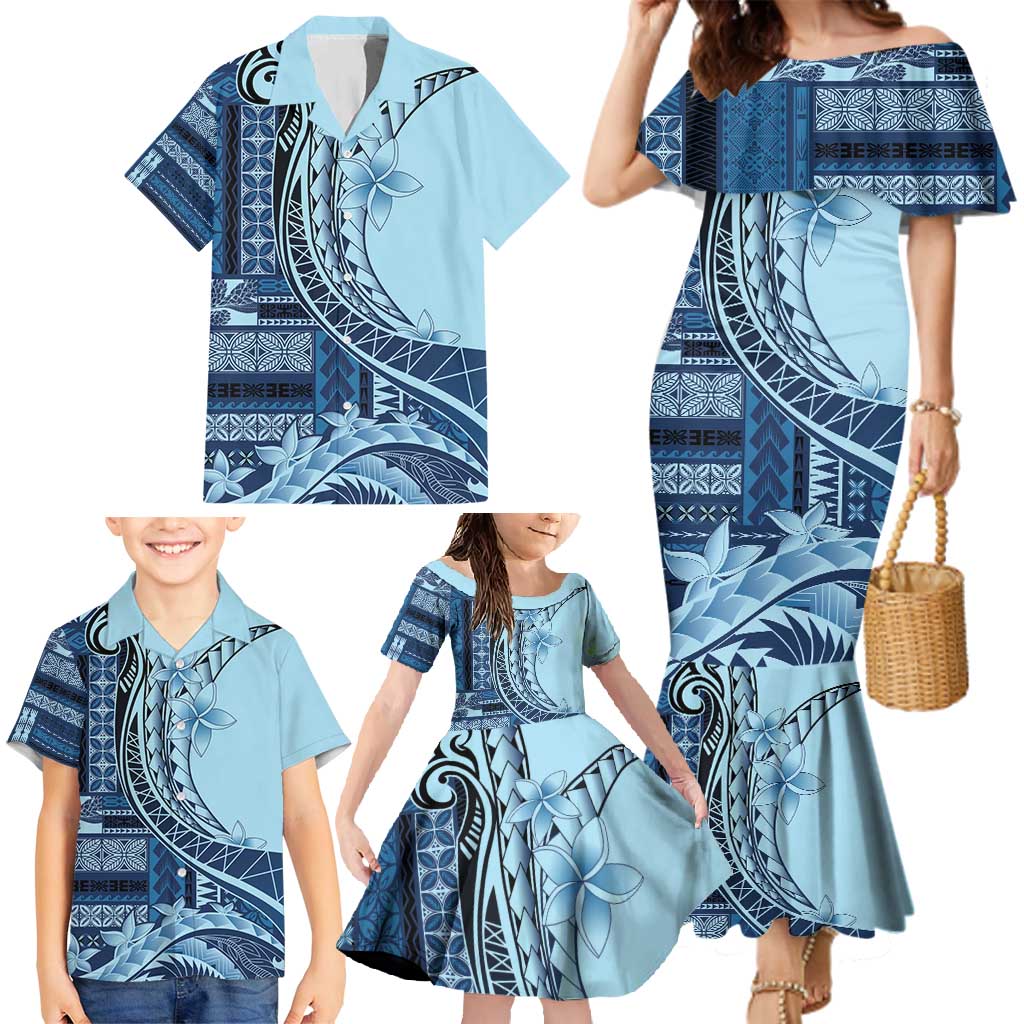 Samoa Siapo Mamanu Family Matching Mermaid Dress and Hawaiian Shirt Plumeria Navy Blue Motifs LT7 - Polynesian Pride