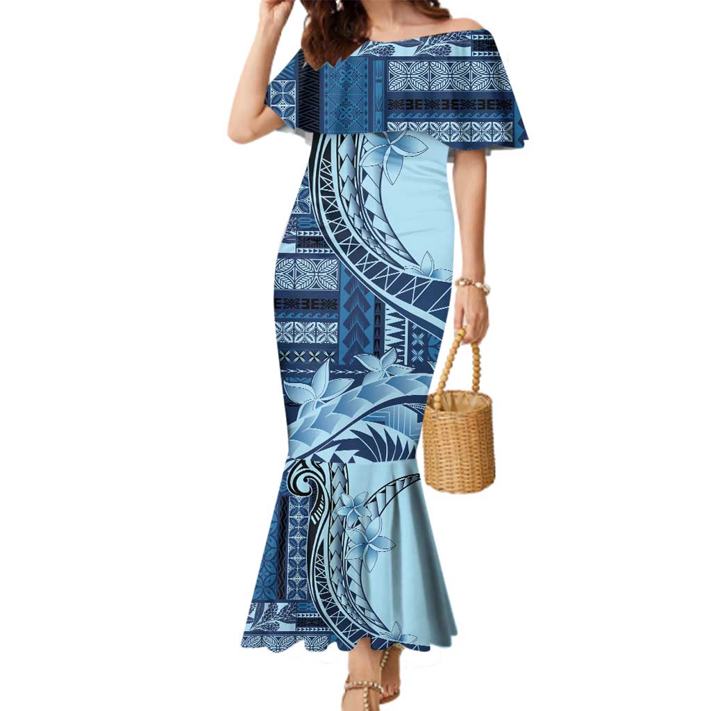 Samoa Siapo Mamanu Family Matching Mermaid Dress and Hawaiian Shirt Plumeria Navy Blue Motifs LT7 Mom's Dress Blue - Polynesian Pride