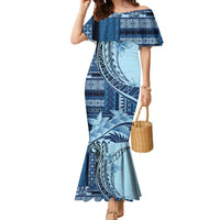 Samoa Siapo Mamanu Family Matching Mermaid Dress and Hawaiian Shirt Plumeria Navy Blue Motifs LT7 Mom's Dress Blue - Polynesian Pride
