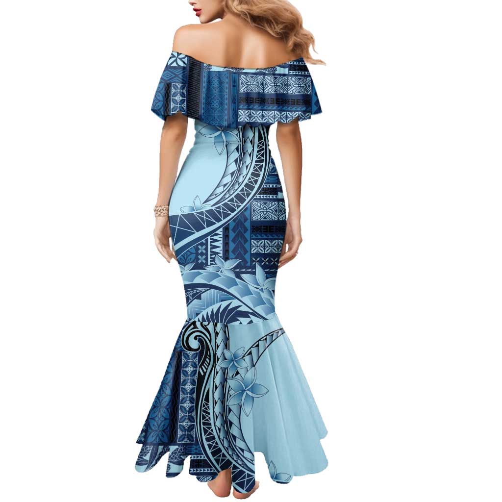 Samoa Siapo Mamanu Family Matching Mermaid Dress and Hawaiian Shirt Plumeria Navy Blue Motifs LT7 - Polynesian Pride