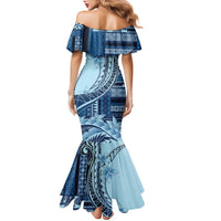 Samoa Siapo Mamanu Family Matching Mermaid Dress and Hawaiian Shirt Plumeria Navy Blue Motifs LT7 - Polynesian Pride