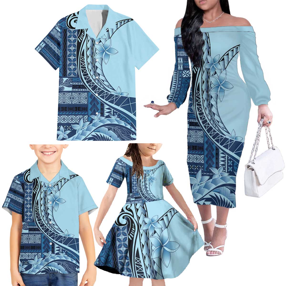 Samoa Siapo Mamanu Family Matching Off The Shoulder Long Sleeve Dress and Hawaiian Shirt Plumeria Navy Blue Motifs LT7 - Polynesian Pride