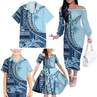 Samoa Siapo Mamanu Family Matching Off The Shoulder Long Sleeve Dress and Hawaiian Shirt Plumeria Navy Blue Motifs LT7 - Polynesian Pride