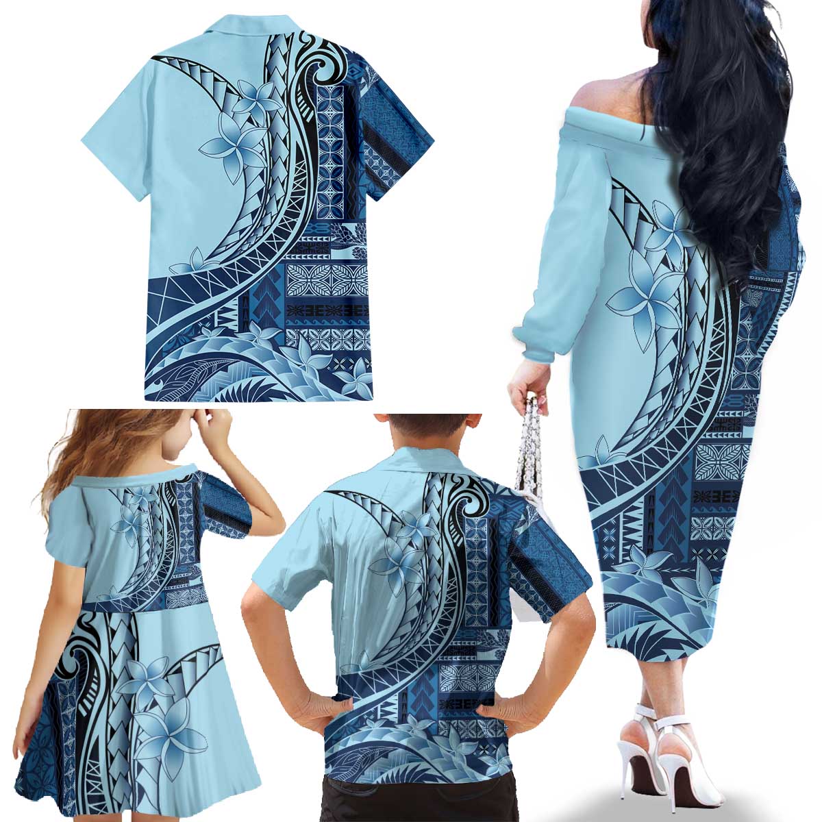 Samoa Siapo Mamanu Family Matching Off The Shoulder Long Sleeve Dress and Hawaiian Shirt Plumeria Navy Blue Motifs LT7 - Polynesian Pride