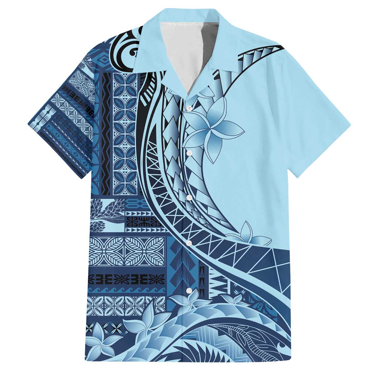 Samoa Siapo Mamanu Family Matching Off The Shoulder Long Sleeve Dress and Hawaiian Shirt Plumeria Navy Blue Motifs LT7 Dad's Shirt - Short Sleeve Blue - Polynesian Pride