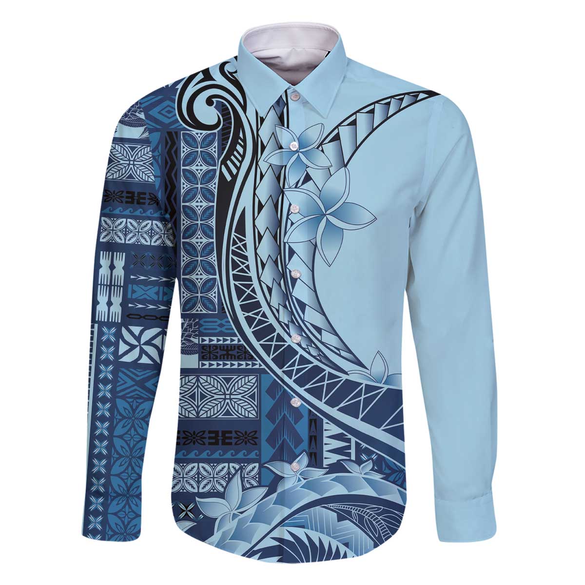 Samoa Siapo Mamanu Family Matching Off The Shoulder Long Sleeve Dress and Hawaiian Shirt Plumeria Navy Blue Motifs LT7 Dad's Shirt - Long Sleeve Blue - Polynesian Pride