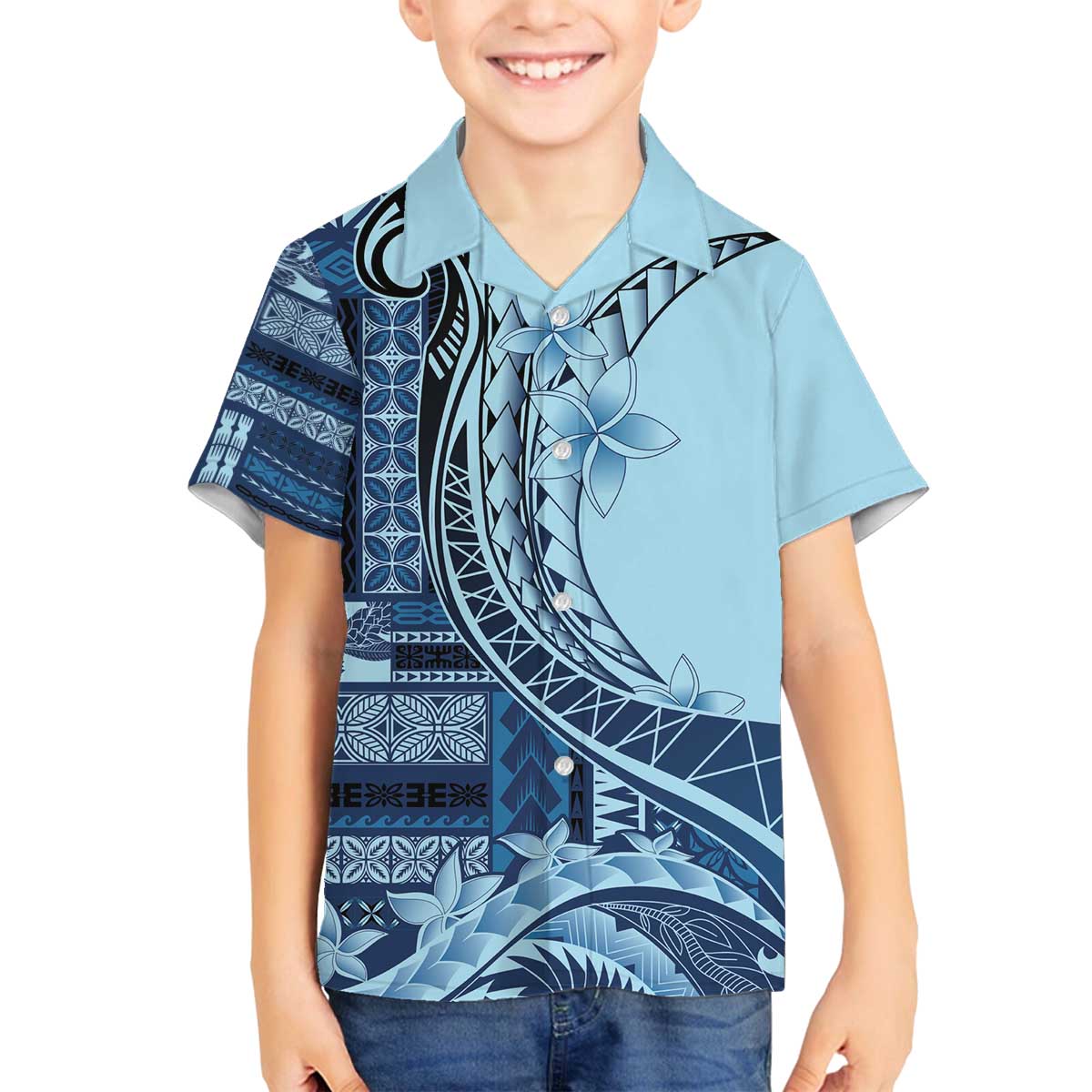 Samoa Siapo Mamanu Family Matching Off The Shoulder Long Sleeve Dress and Hawaiian Shirt Plumeria Navy Blue Motifs LT7 Son's Shirt Blue - Polynesian Pride