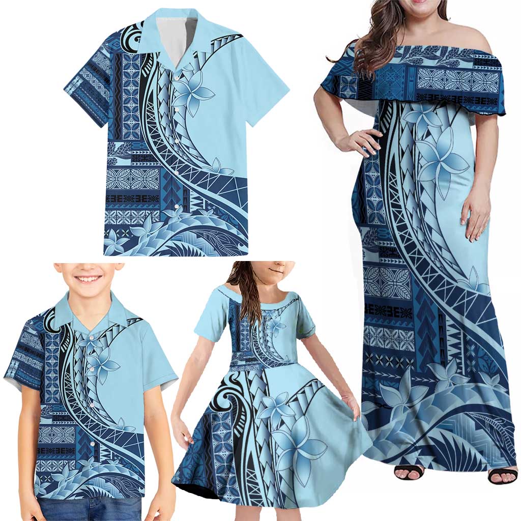 Samoa Siapo Mamanu Family Matching Off Shoulder Maxi Dress and Hawaiian Shirt Plumeria Navy Blue Motifs LT7 - Polynesian Pride