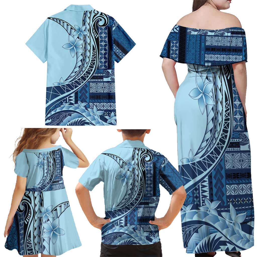 Samoa Siapo Mamanu Family Matching Off Shoulder Maxi Dress and Hawaiian Shirt Plumeria Navy Blue Motifs LT7 - Polynesian Pride
