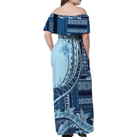 Samoa Siapo Mamanu Family Matching Off Shoulder Maxi Dress and Hawaiian Shirt Plumeria Navy Blue Motifs LT7 - Polynesian Pride