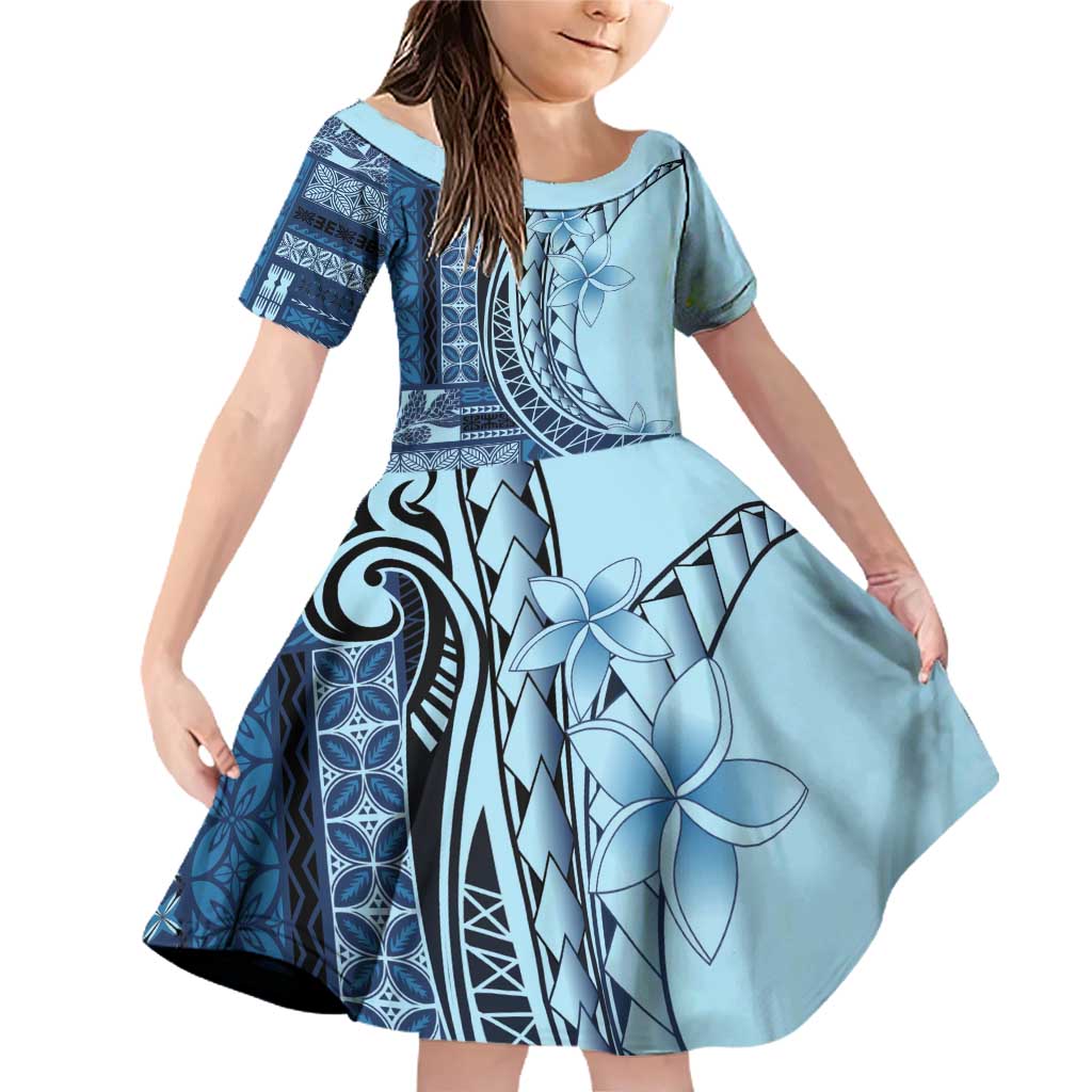 Samoa Siapo Mamanu Family Matching Off Shoulder Short Dress and Hawaiian Shirt Plumeria Navy Blue Motifs LT7 Daughter's Dress Blue - Polynesian Pride