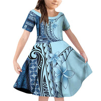 Samoa Siapo Mamanu Family Matching Off Shoulder Short Dress and Hawaiian Shirt Plumeria Navy Blue Motifs LT7 Daughter's Dress Blue - Polynesian Pride