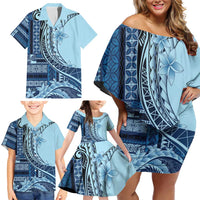 Samoa Siapo Mamanu Family Matching Off Shoulder Short Dress and Hawaiian Shirt Plumeria Navy Blue Motifs LT7 - Polynesian Pride