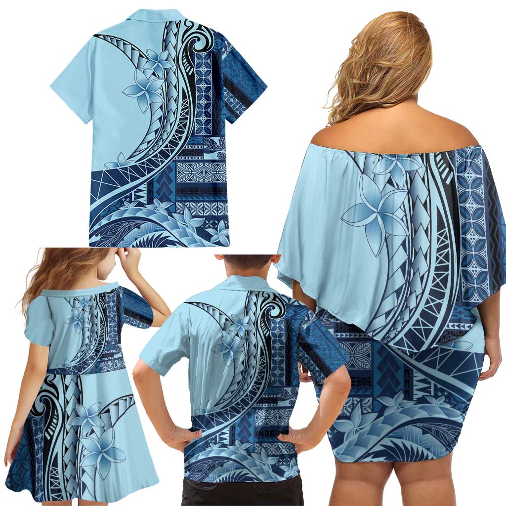 Samoa Siapo Mamanu Family Matching Off Shoulder Short Dress and Hawaiian Shirt Plumeria Navy Blue Motifs LT7 - Polynesian Pride