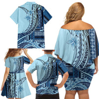 Samoa Siapo Mamanu Family Matching Off Shoulder Short Dress and Hawaiian Shirt Plumeria Navy Blue Motifs LT7 - Polynesian Pride