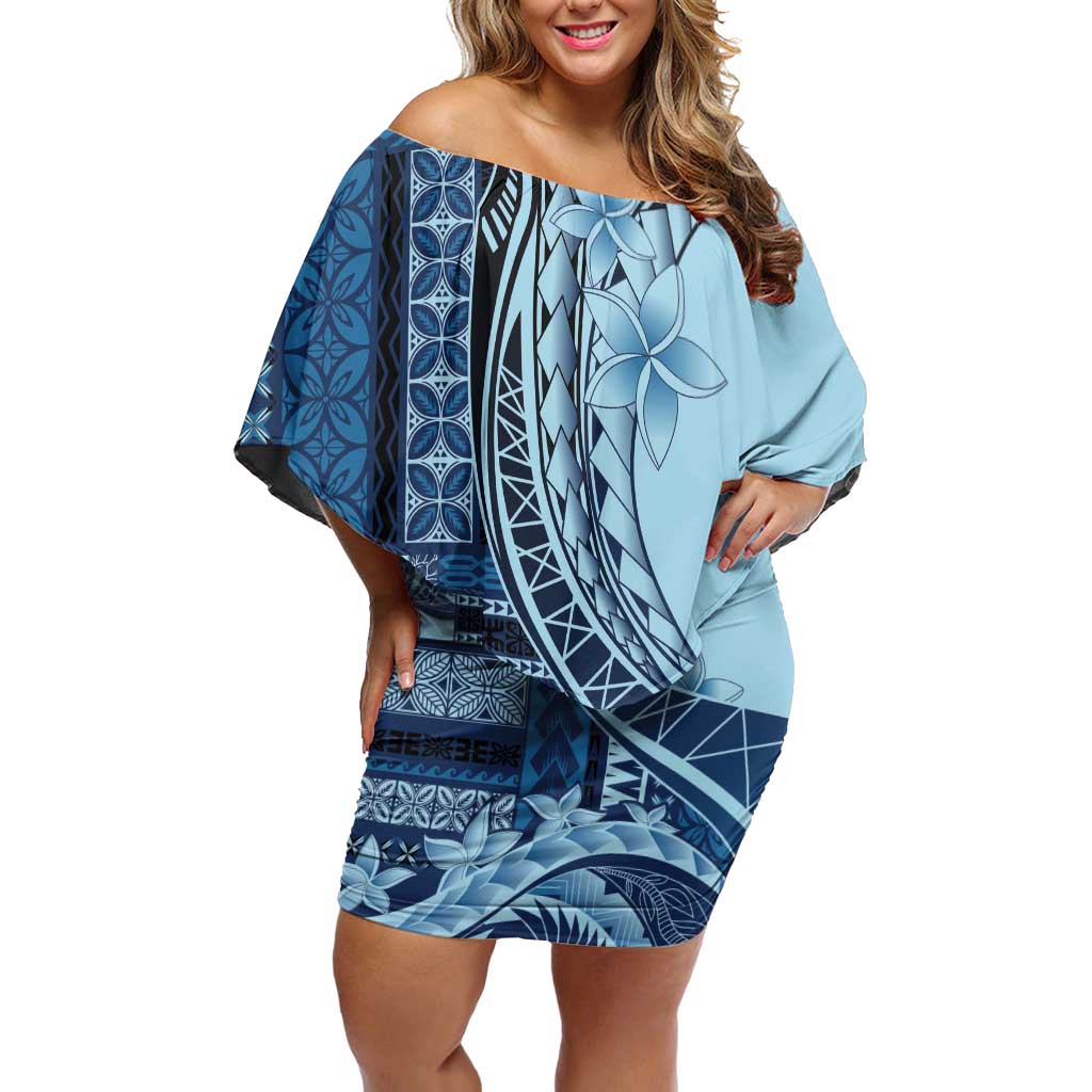 Samoa Siapo Mamanu Family Matching Off Shoulder Short Dress and Hawaiian Shirt Plumeria Navy Blue Motifs LT7 Mom's Dress Blue - Polynesian Pride